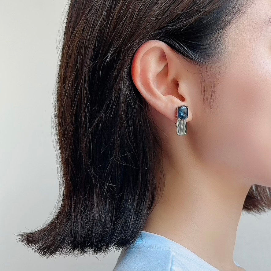 Square Stone Fringe Earring 【Navy & Silver】