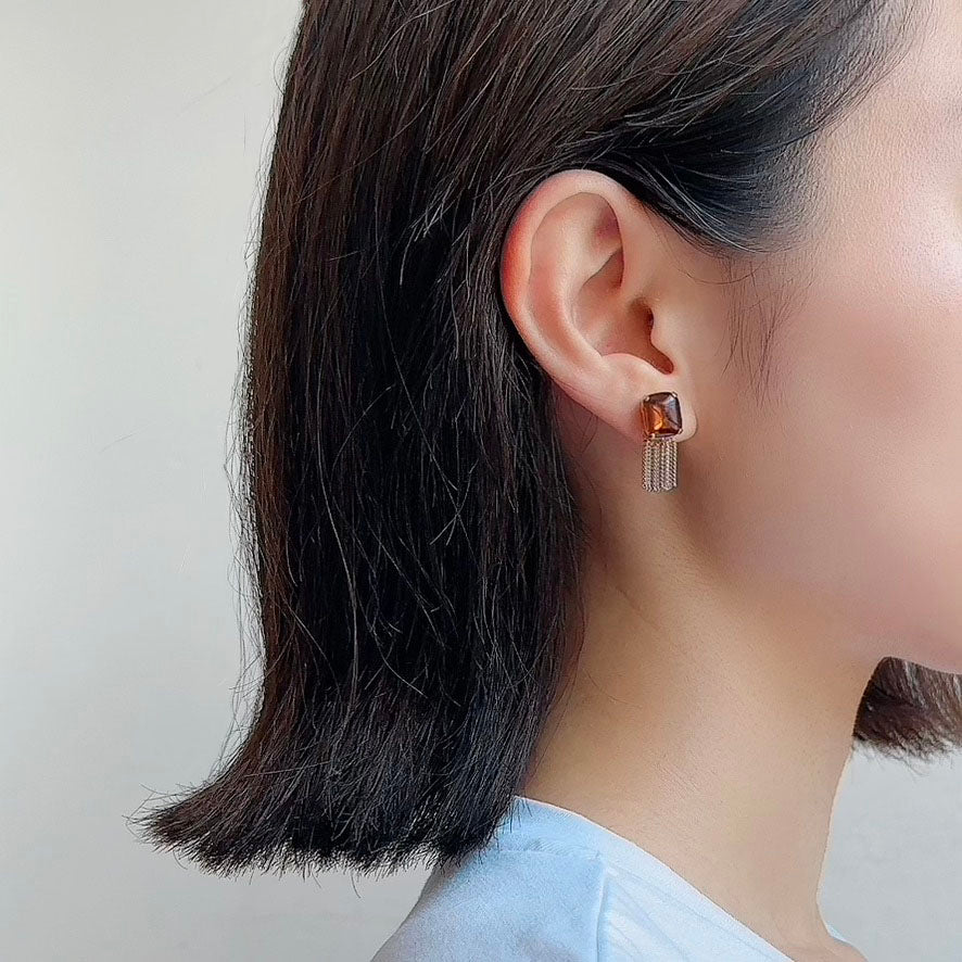 Square Stone Fringe Earring 【Brown & Gold】