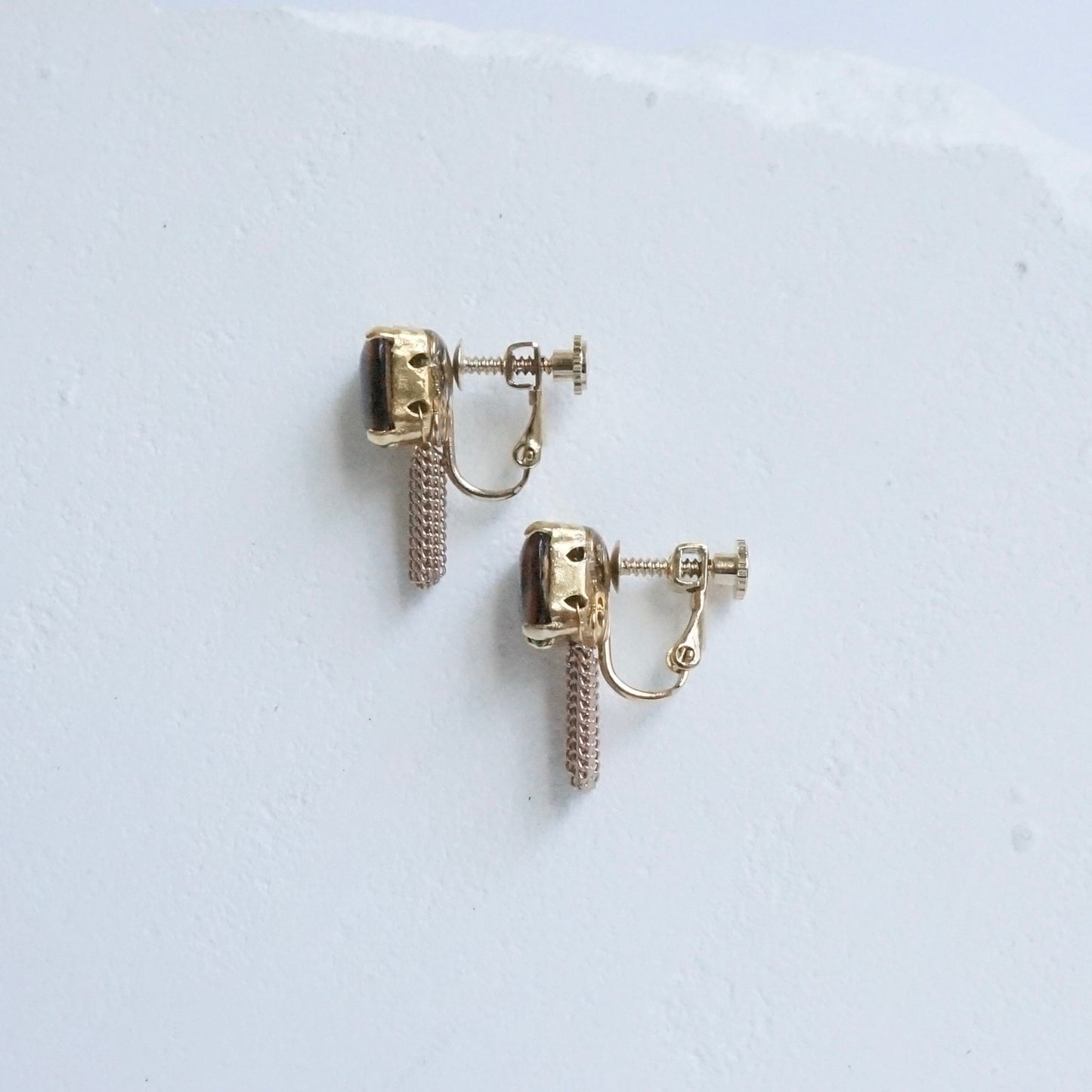 Square Stone Fringe Earring 【Brown & Gold】