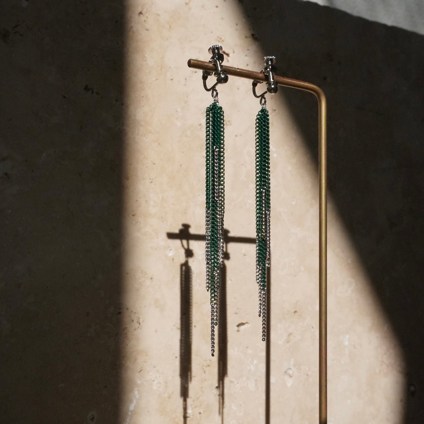 Bicolor Tassel Earring【Green & Silver】