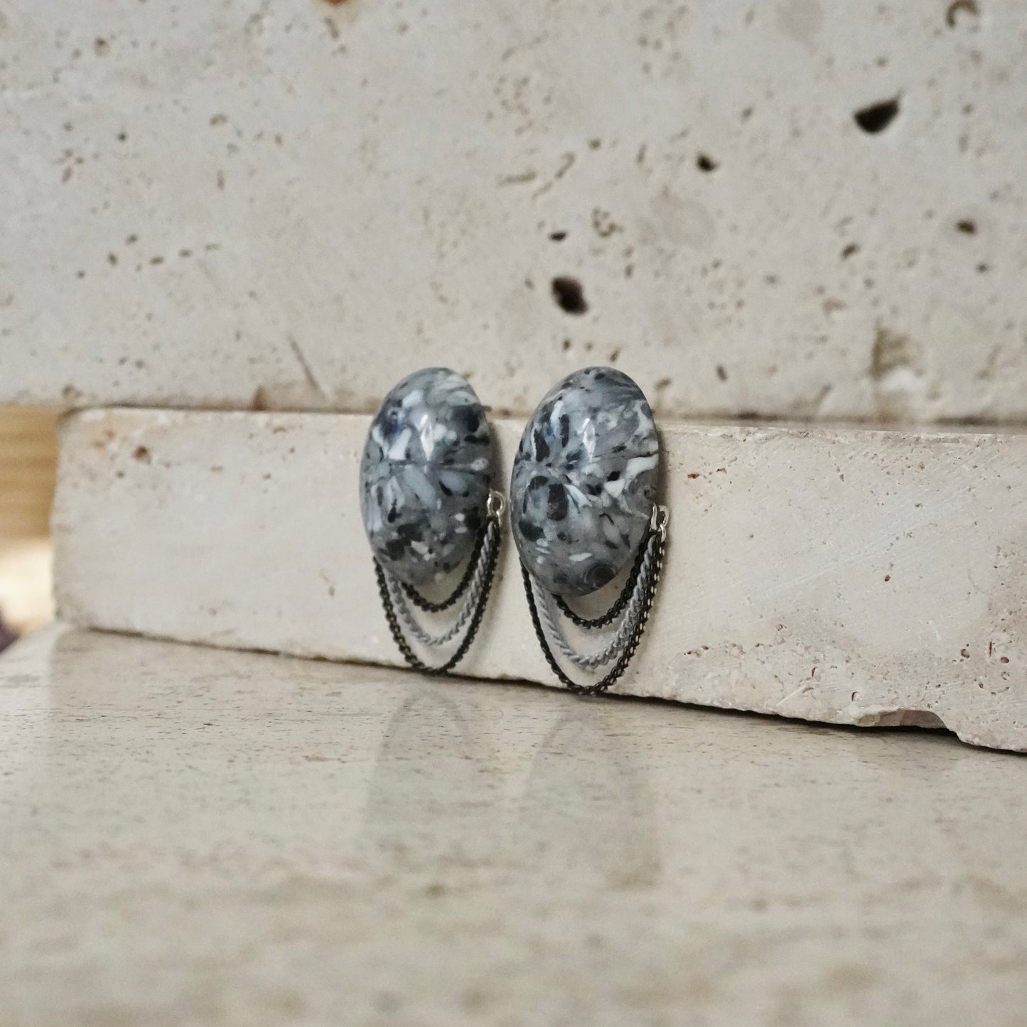 Italian Stone Chain Earring 【Black】