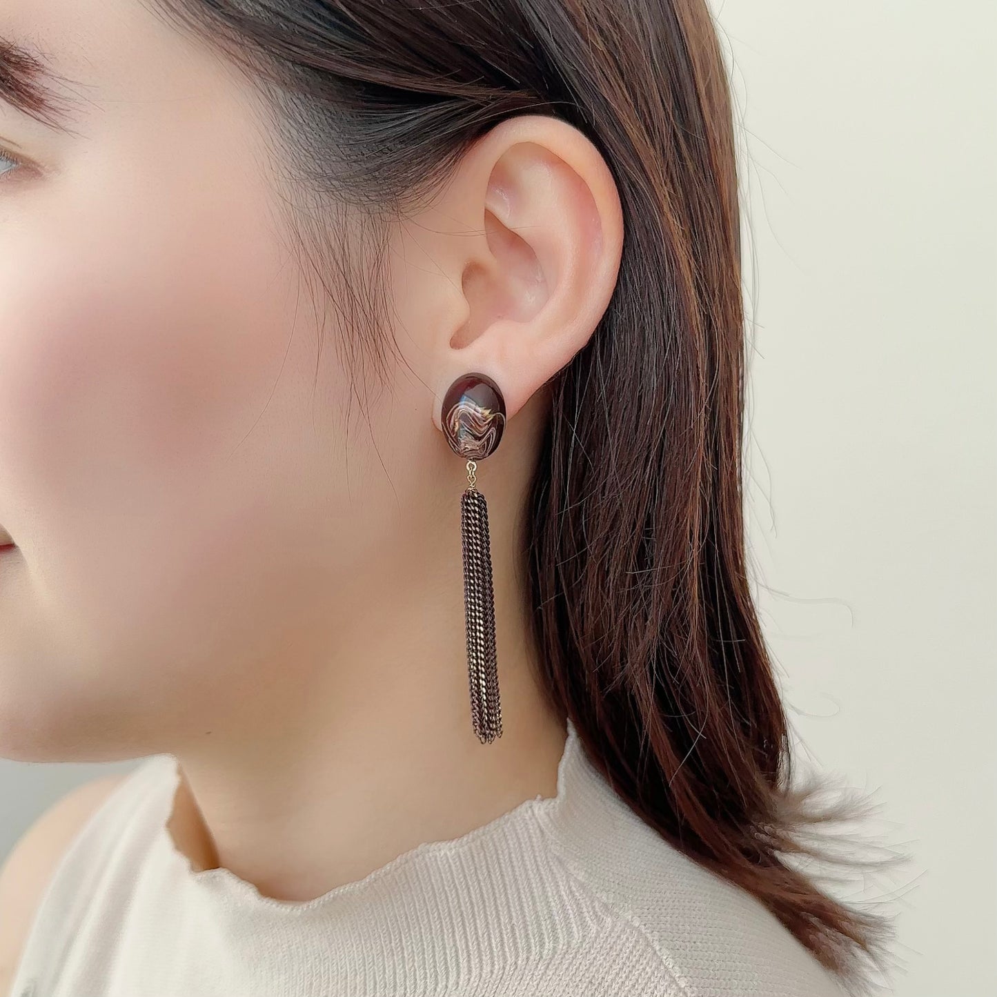 Italian Stone Tassel Earring (small)【Brown】