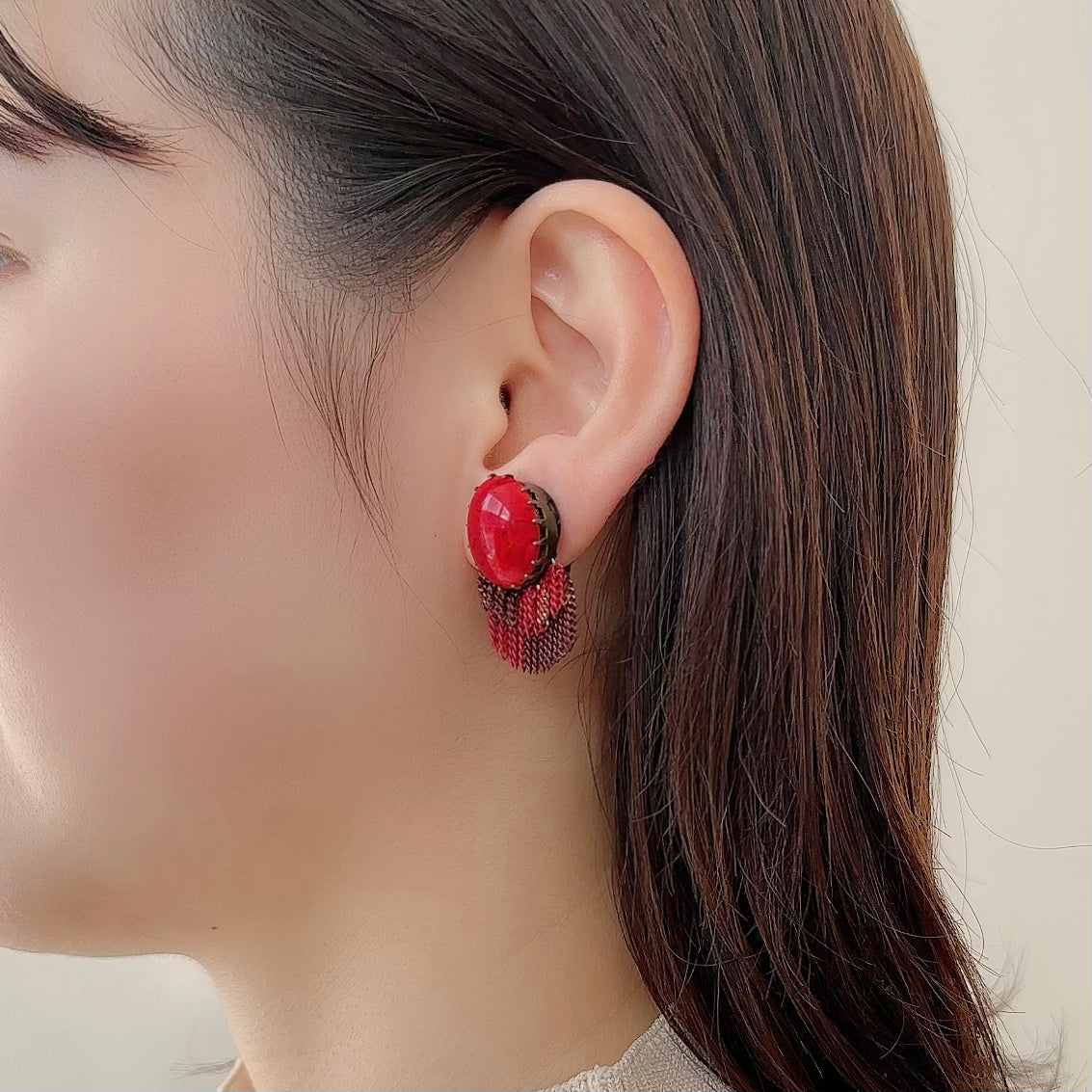 Italian Stone Vintage Fringe Earring【Red】