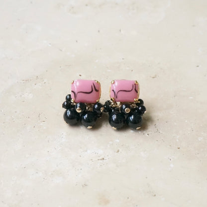 Square Stone Pearls Earring 【Pink】