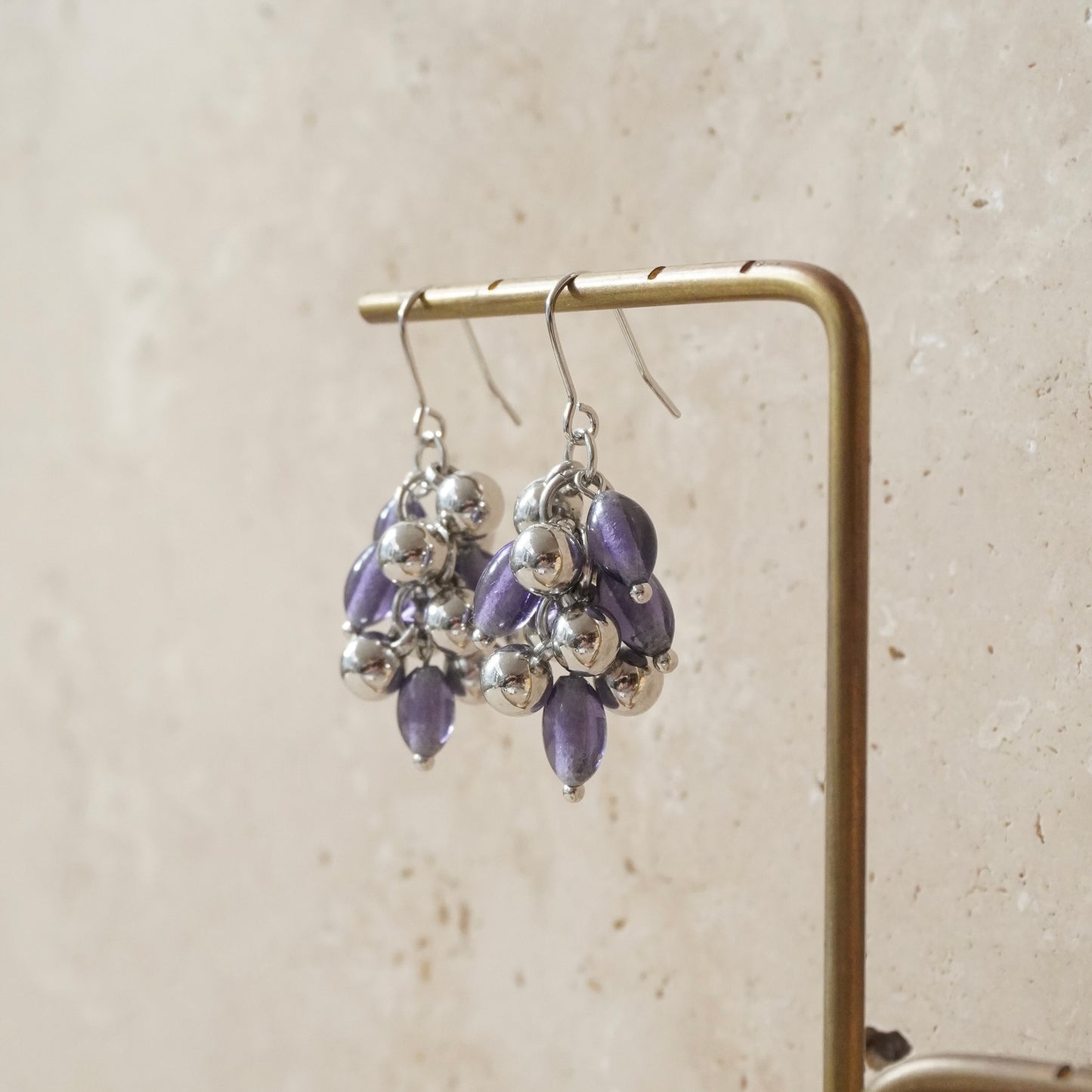 Swinging Vintage Beads Earring 【Purple & Silver】