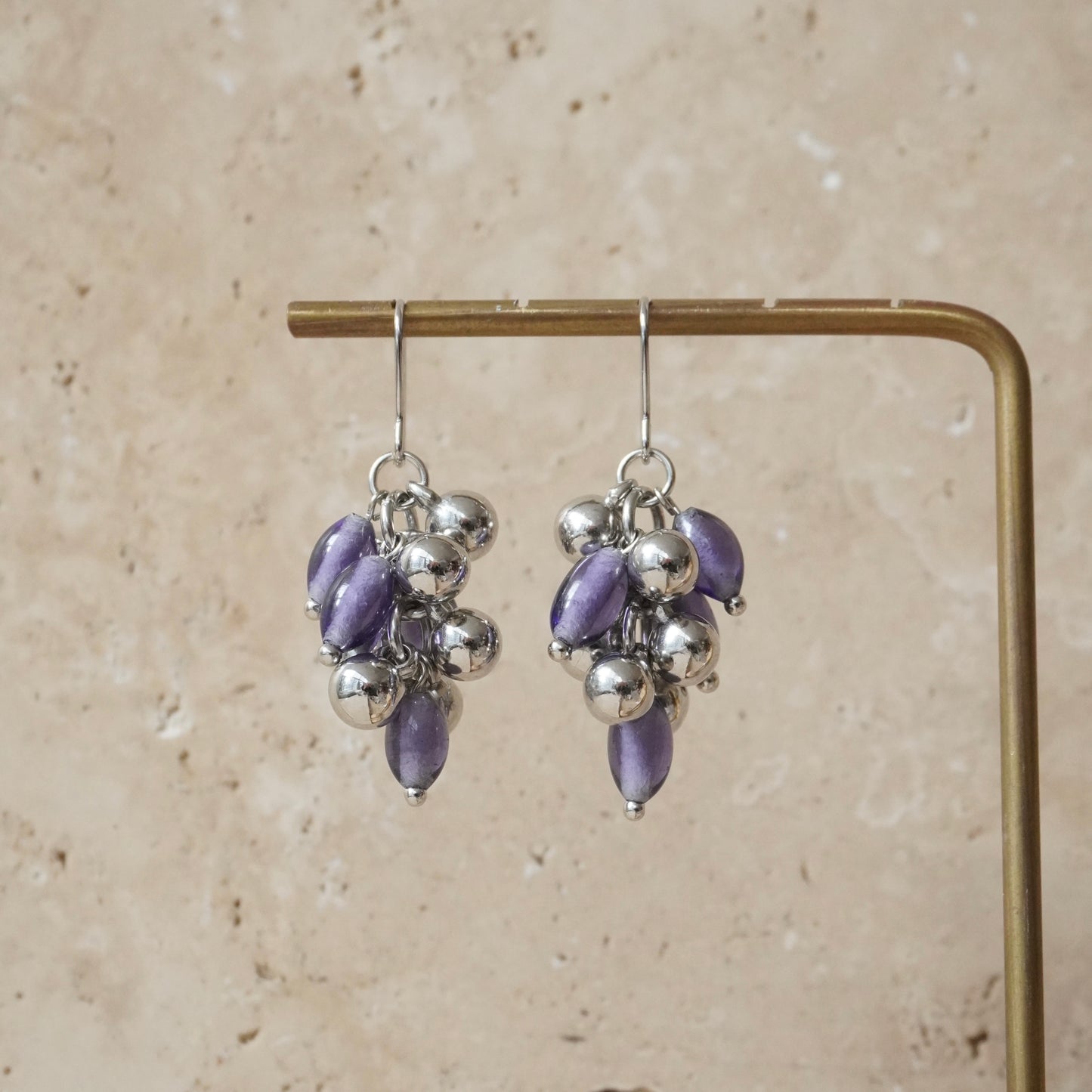 Swinging Vintage Beads Earring 【Purple & Silver】