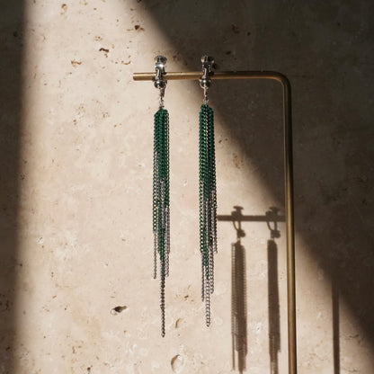 Bicolor Tassel Earring【Green & Silver】