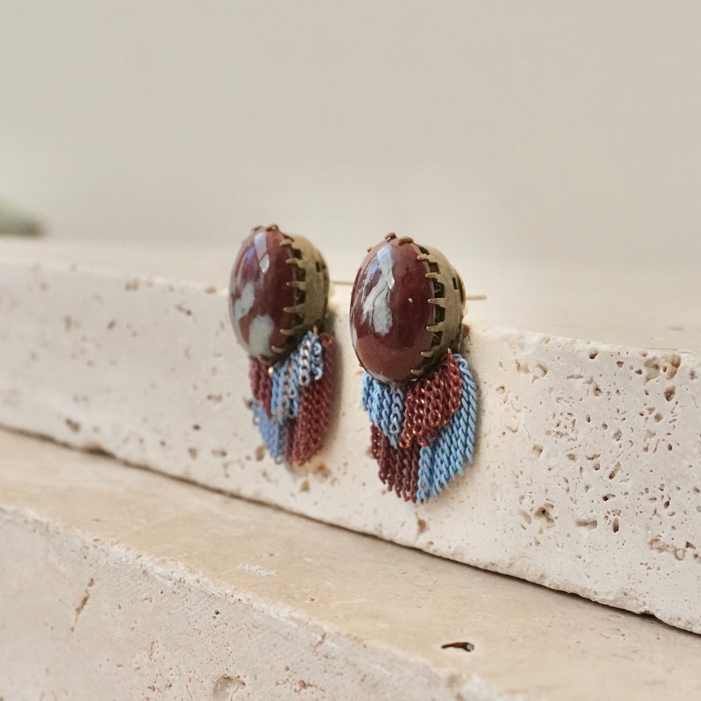 Italian Stone Vintage Fringe Earring【Brown & Blue】